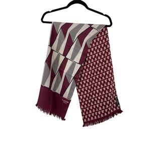 Vintage Lanvin Scarf 100% Silk Geometric Logo Print Fringe Hem Maroon Black